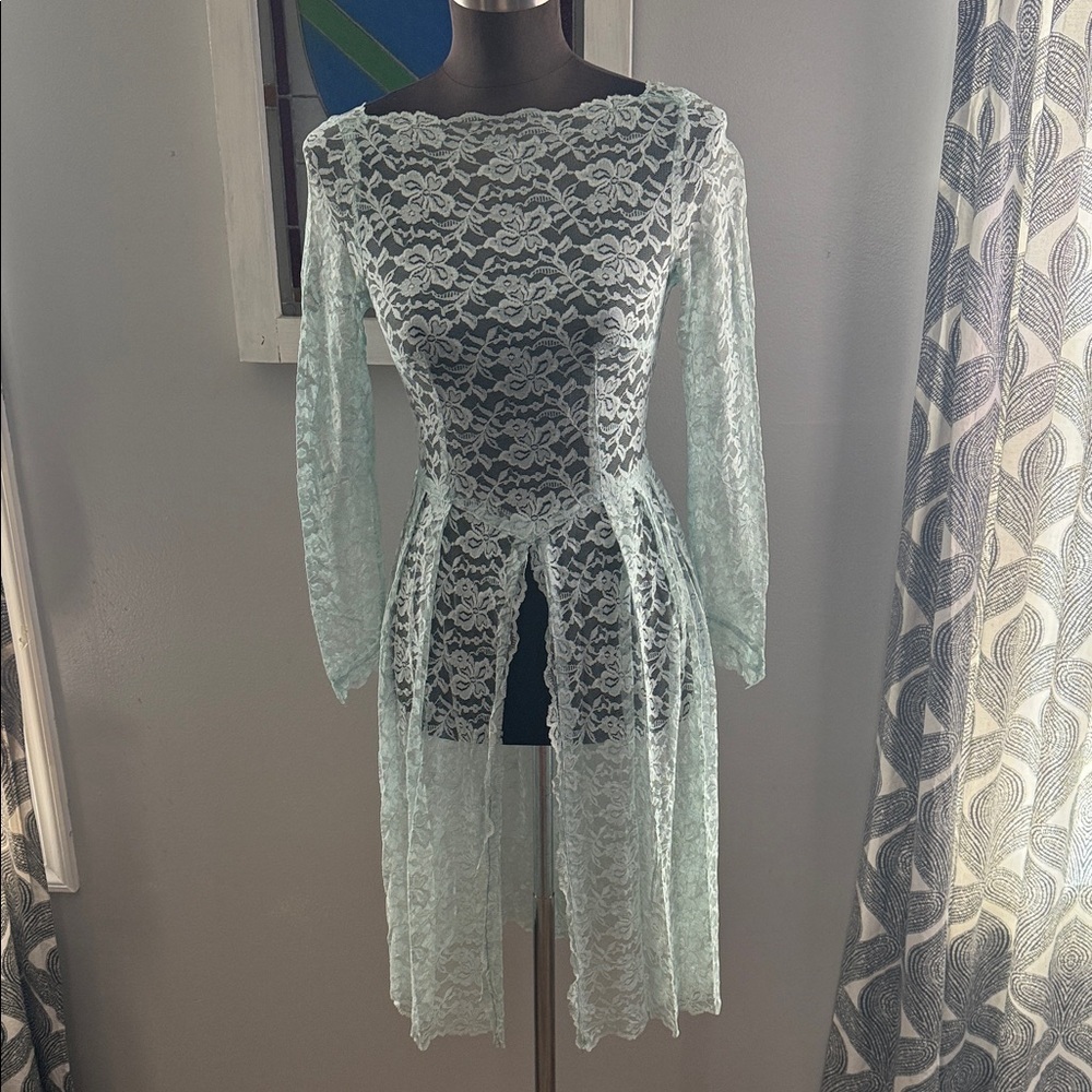 Long Sleeve Lace Overlay Dress in Pale Mint